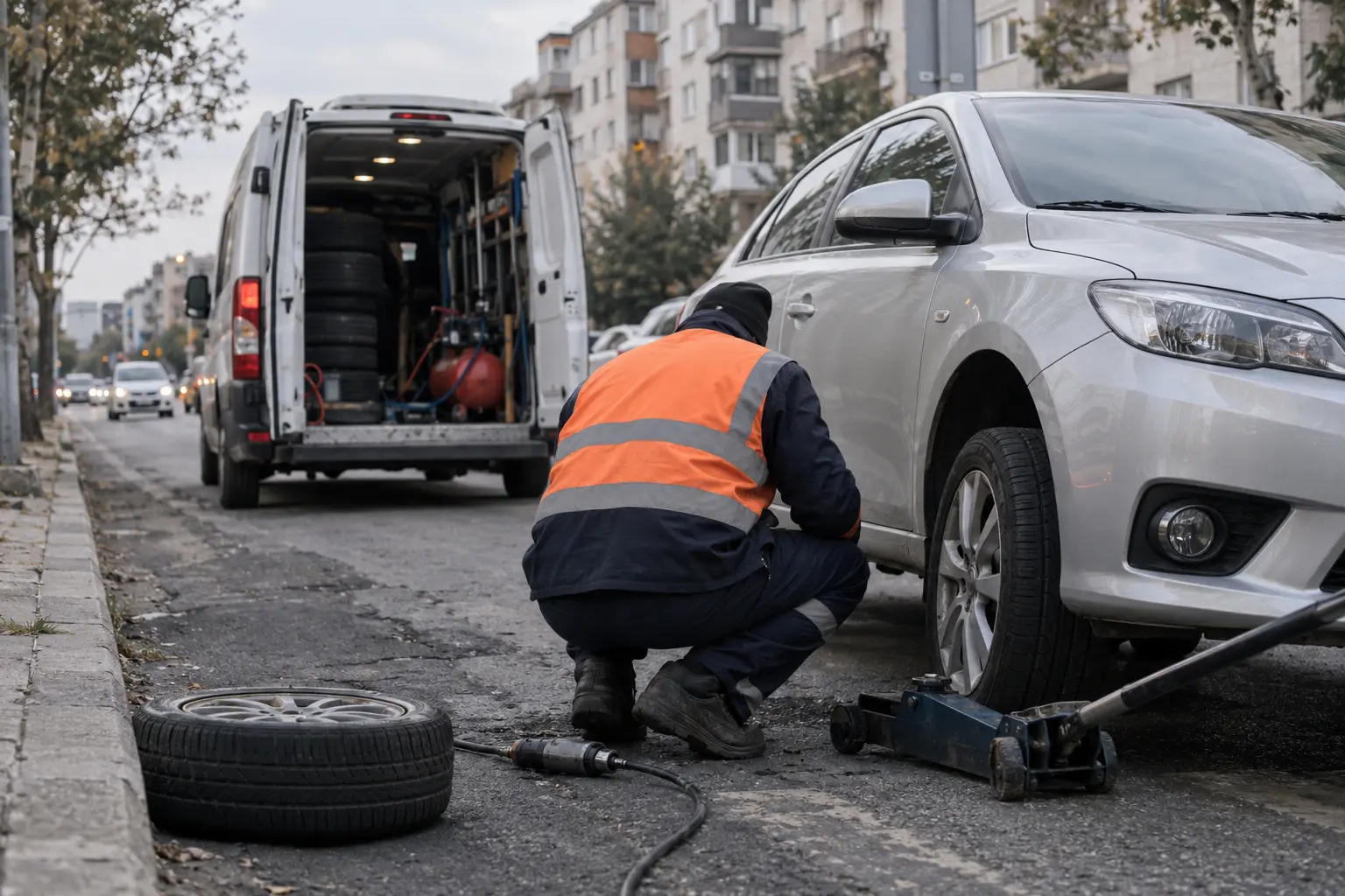 İstanbul’da yol kenarında duran bir aracın lastiğini değiştiren mobil lastik servisi ekibi