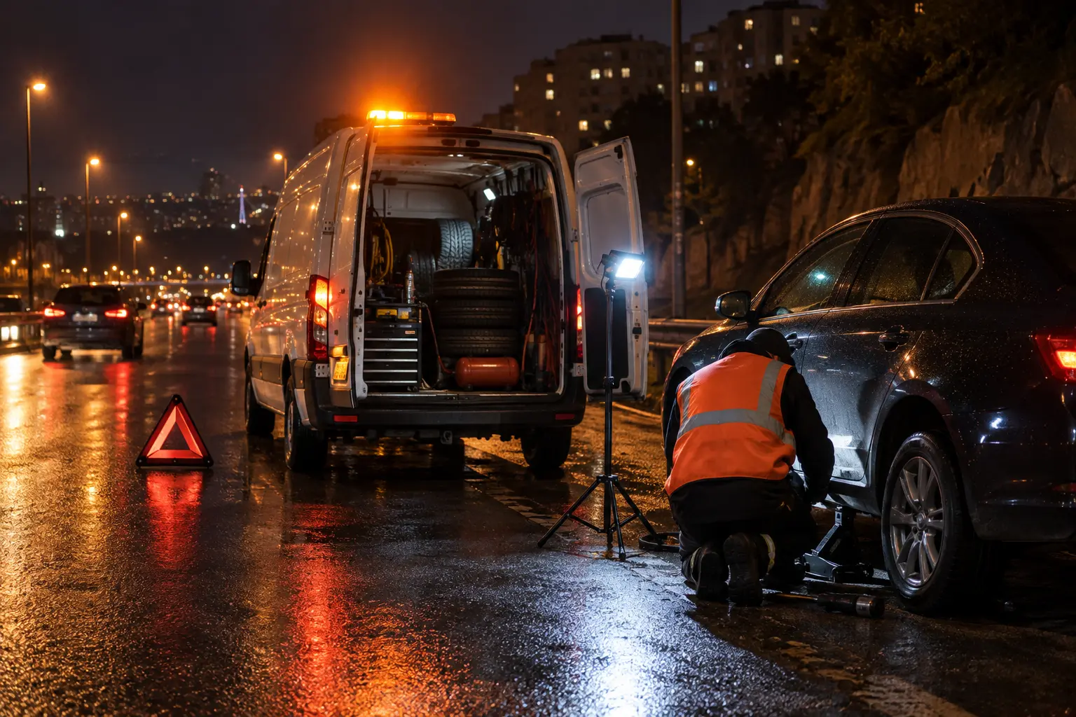 Gece vakti sarı ikaz lambası yanan servis aracı ve yol kenarında lastik değiştiren usta