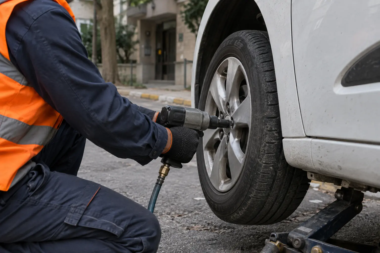 Yol kenarında duran beyaz bir otomobilin ön lastiğini krikoyla kaldırıp değiştiren lastik ustası