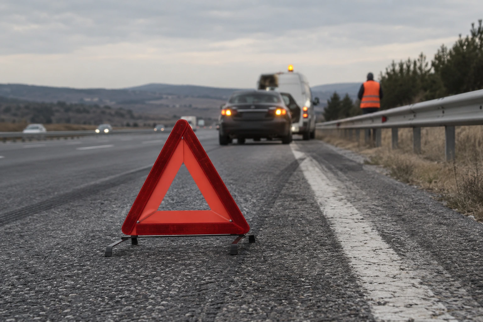 Otoyol emniyet şeridinde emniyet üçgeni yerleştirilmiş araç ve reflektörlü yelekli lastik ustası