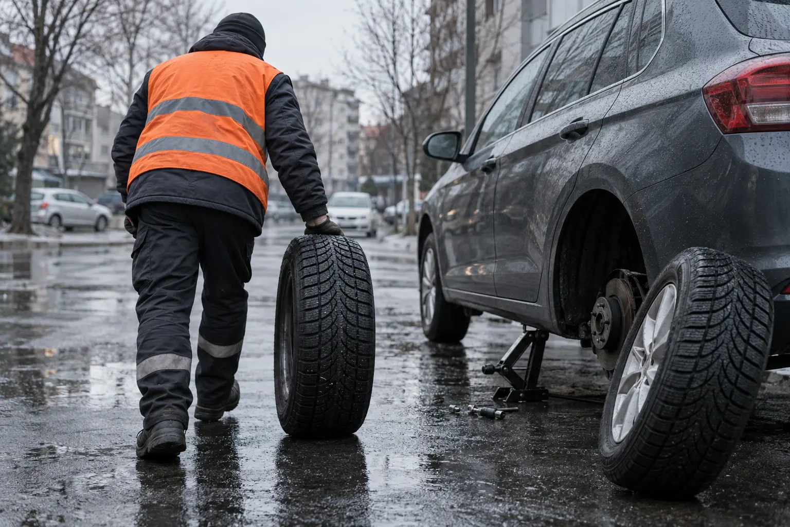 Islak ve soğuk bir günde aracın kış lastiği takılırken çekilmiş görüntüsü