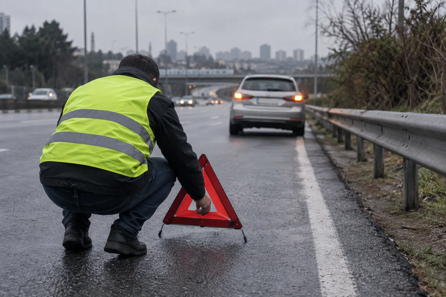 Yol kenarına çekilmiş, dörtlüleri yanan aracın arkasına emniyet üçgeni yerleştiren reflektörlü yelekli sürücü